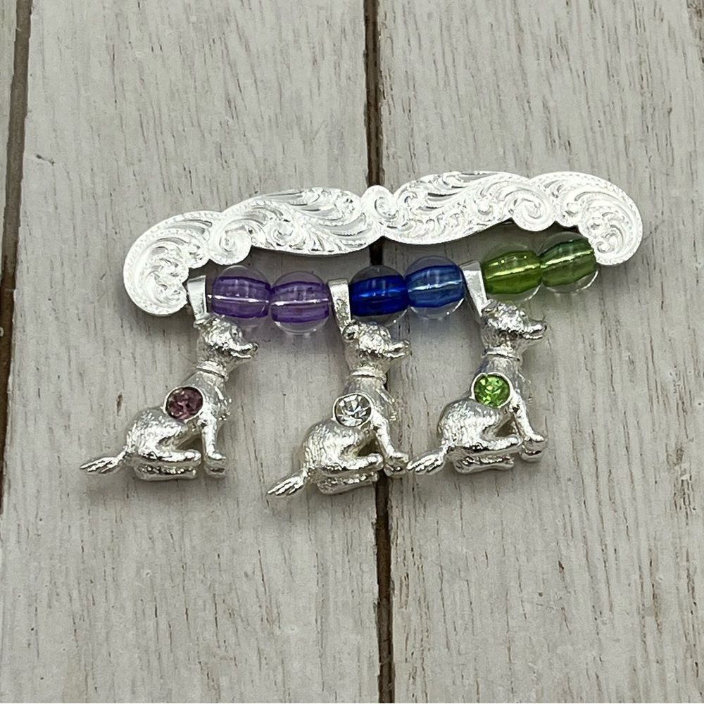 Vintage heavy Silver tone etched Dog Brooch with Colorful Beads